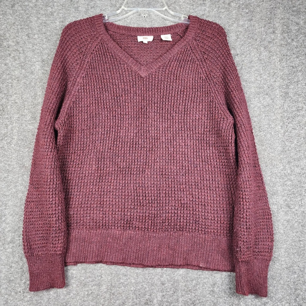 Levis V-Neck Sweater Womens Medium Burgundy Waffle Knit Wool Blend 34759-0003